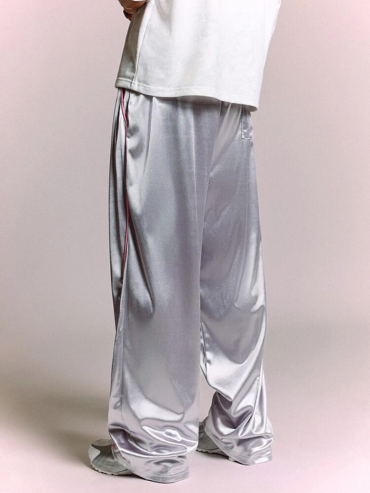 Baggy Wide Leg Satin Track Pants With Contrast Pink Piping Detail And Drawstring Waist