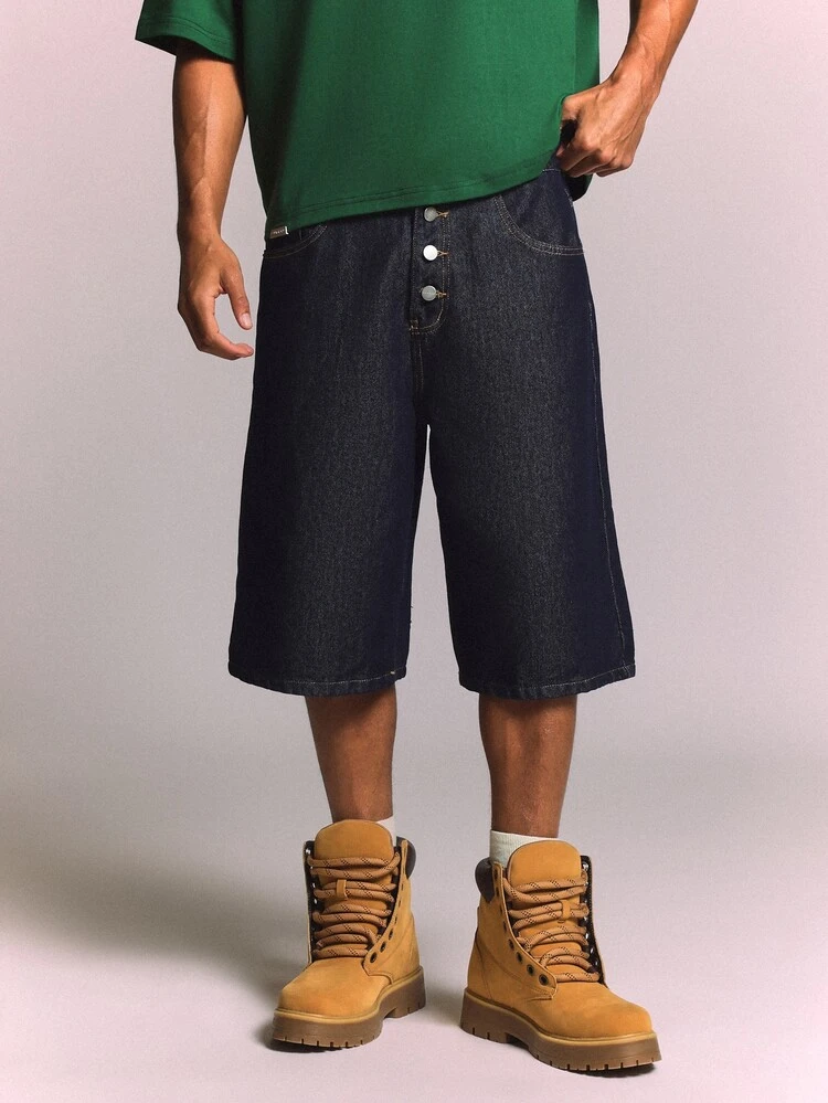 Oversized Baggy Dark Wash Denim Jorts With Button Fly Wide Leg Below Knee Length Summer Shorts