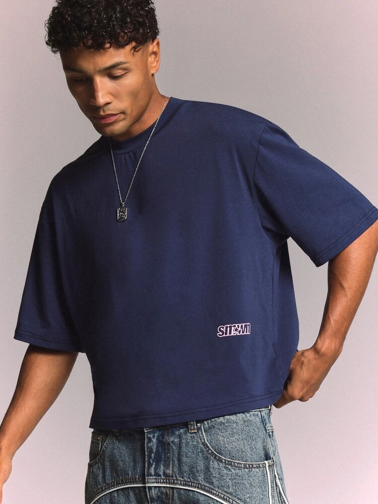 Crop Fit Premium Heavyweight Essential Tee With Back Logo Print Crew Neck Short Sleeve Boxy T-Shirt