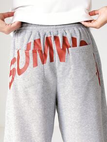 SUMWON Pull-On Marled Fleece Bermuda Shorts With Bold Back Logo Print Drawstring Waist Summer Casual Longline - Light Grey - View 6