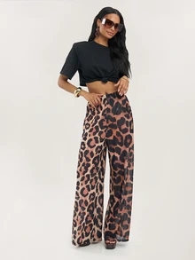 Dancing Leopard بنطلون شبكي بطبعة نمر بني بساق واسعة، ملابس ليلة موعد - متعدد الألوان - مشاهدة 4