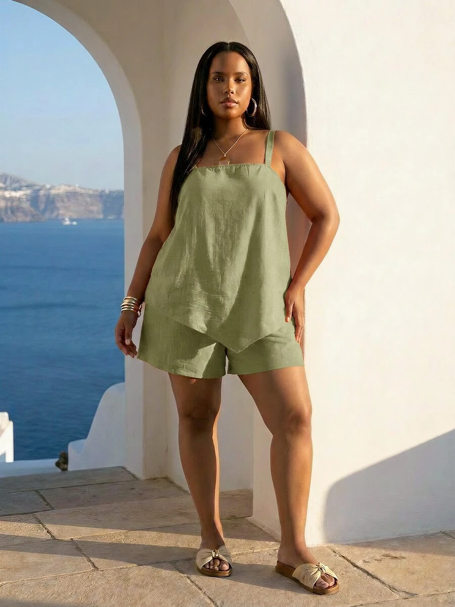 ELLERISSA Plus Size Green Linen Cami Top & Shorts Co-Ord Set - Green - View 1