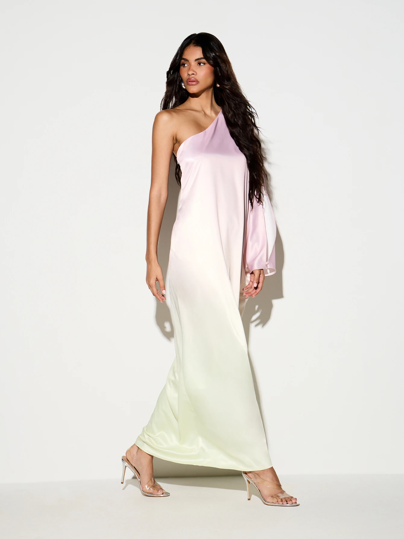 KIZN OMBRE ONE SLEEVE SATIN MAXI DRESS