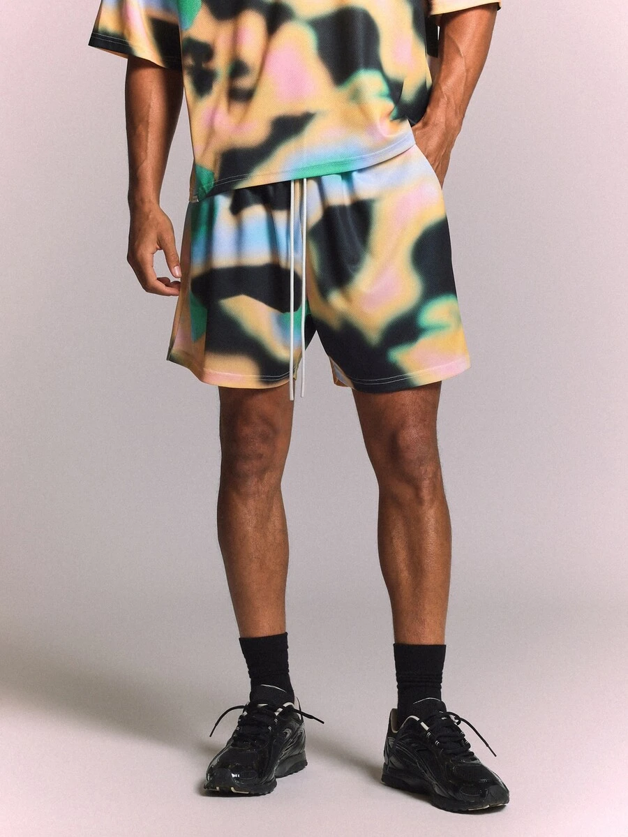 SUMWON Printed Mesh Shorts With Drawstring Waist Abstract All Over Print Summer Festival Style - Multicolor - View 1