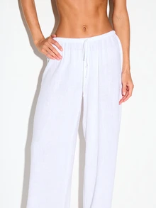 KIZN Linen Wide Leg Trousers With Elastic Drawstring Waist Pull-On Style Full Length Summer Palazzo Pants - White - View 4