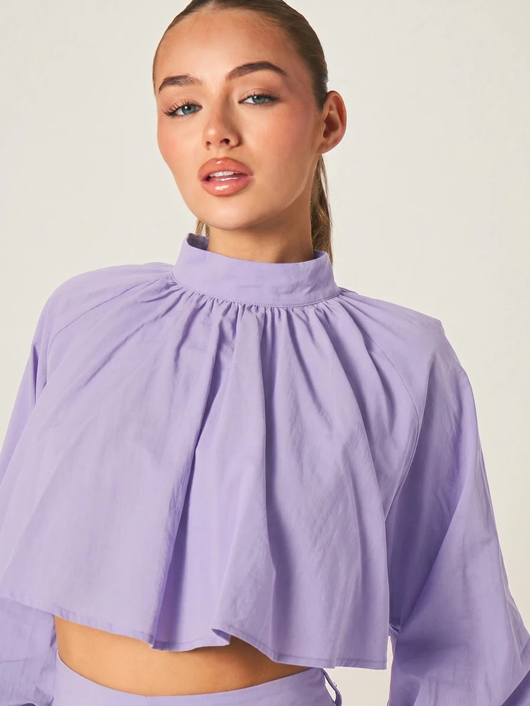 MISSGUIDED Poplin Cropped Baby Doll Blouse With Voluminous Puff Sleeves Mock Neck Ruffle Overlay Top