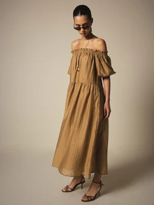 KSTM Off-Shoulder Tiered Midi Dress With Puff Sleeves Flowy Boho Tropical Summer Beach Garden Party Vacation Vacation Maxi Style Shades Of Brown - Brown - View 5