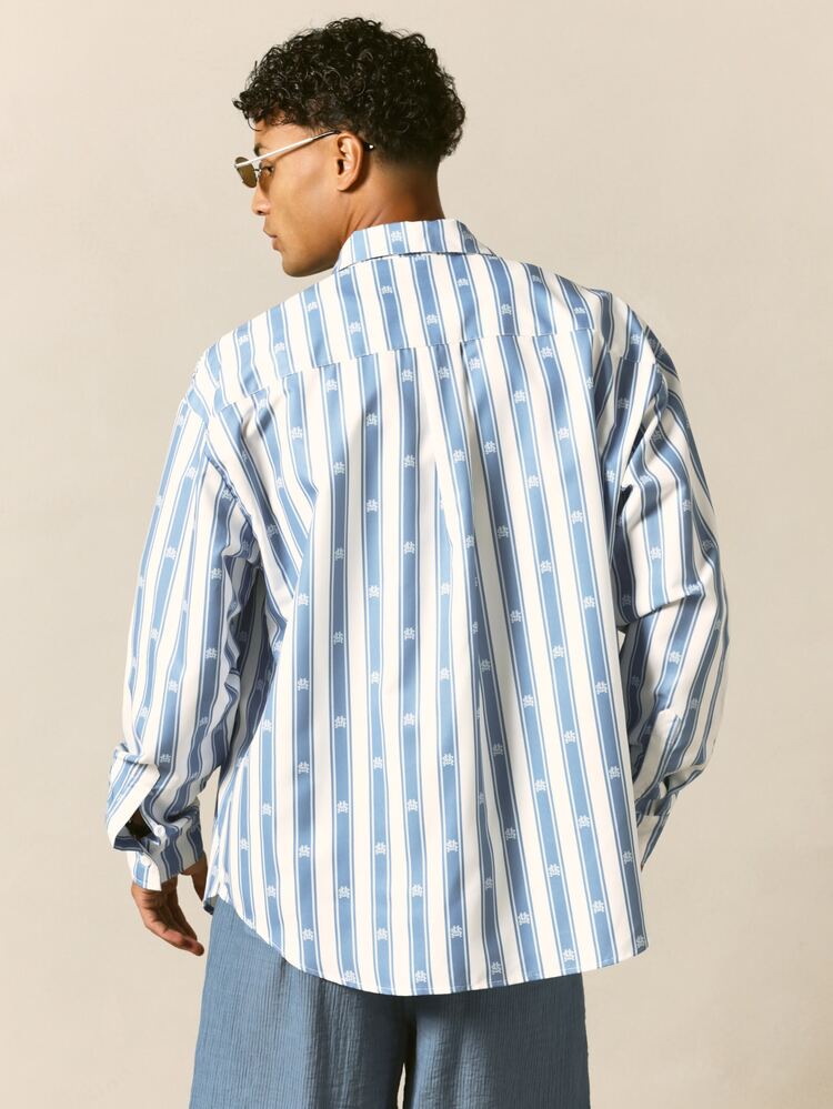 Camisa de Botão com Manga Longa, Listras com Logo Oversized, Bolso no Peito, Colarinho, Estilo Casual de Verão
