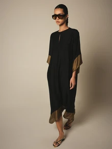 KSTM Kaftan Midi Cover-Up Dress With Gold Contrast Border Trim, Keyhole Neckline, And Flowy Batwing Sleeves - Multicolor - View 5