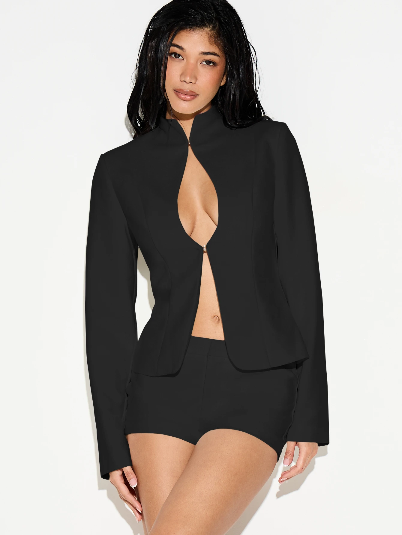 High Neck Blazer With Keyhole Cutout And Hook Closure