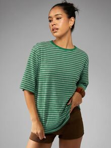 MISSGUIDED Striped Oversized T-Shirt With Round Neck And Drop Shoulder Half Sleeves Casual Relaxed Fit Summer Top - Green - View 5