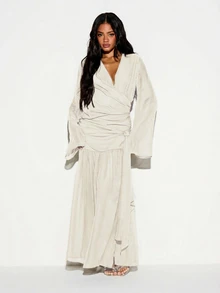 KIZN KIZN Wrap Front Drape Maxi Dress With Bell Sleeves Deep V-Neck Ruched Waist High Slit Elegant Evening Party Dress - Cream - View 5