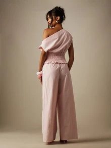 MISSGUIDED 条纹褶皱腰单肩上衣和阔腿抽绳裤套装 夏季两件套 - 彩色 - 查看 2