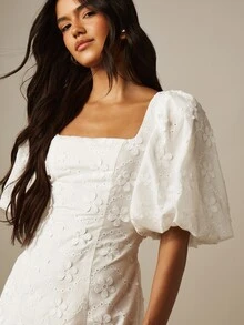 MISSGUIDED Eyelet Embroidered Mini Dress With Puff Sleeves Square Neck Open Back Tie Summer Party Dress - White - View 5