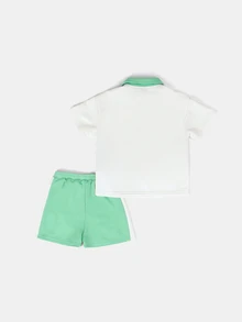 SUMWON Conjunto de polo y pantalones cortos de verano para niños, con media cremallera en el cuello y mangas cortas, y pantalones cortos con cintura elástica - Verde - Ver 2
