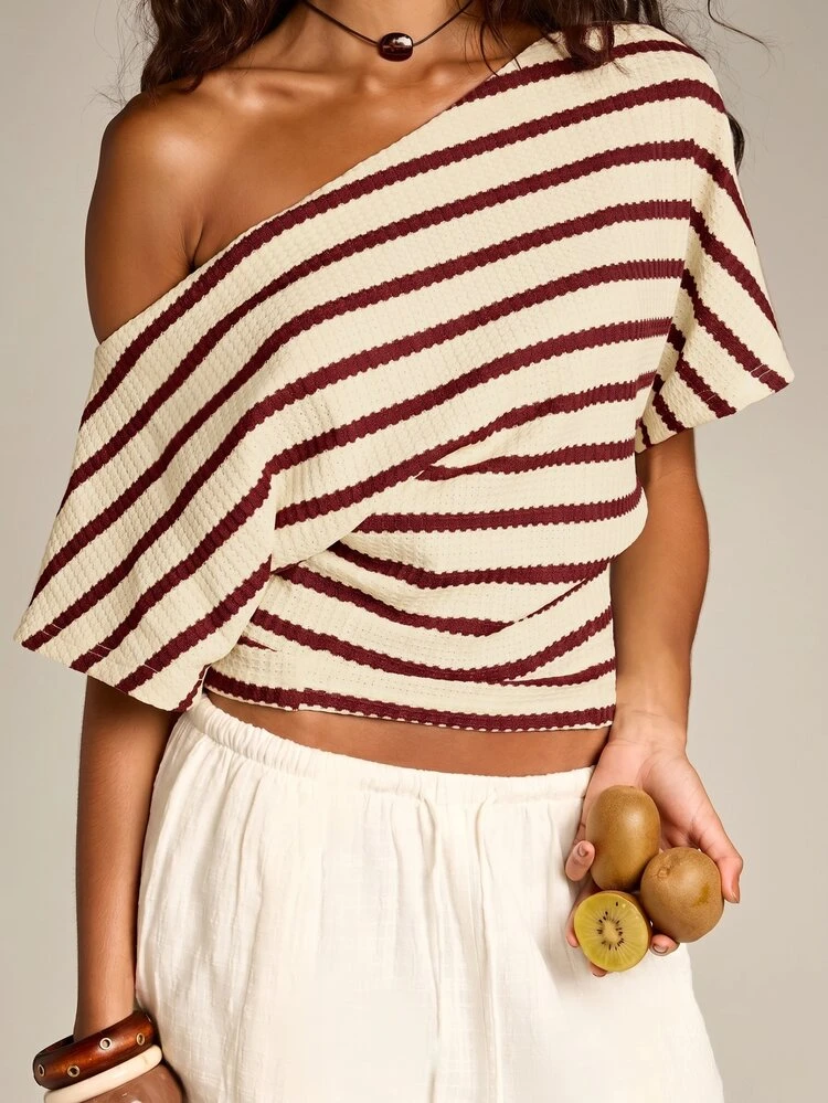 Striped Off Shoulder Asymmetric T-Shirt With Balloon Sleeves And Relaxed Ribbed Fit Fall Winter