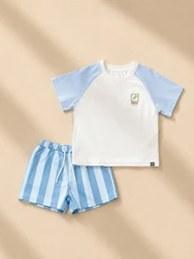 SUMWON Oversized Boys Gelato Graphic Raglan T-Shirt And Striped Shorts Co-Ord Set Summer Two-Piece Outfit - White - View 1