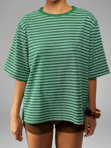 MISSGUIDED Striped Oversized T-Shirt With Round Neck And Drop Shoulder Half Sleeves Casual Relaxed Fit Summer Top - Green - View 6