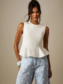 MISSGUIDED Top sin mangas con detalle de peplum, cuello redondo, cintura ajustada y bajo acampanado, elegante top de verano - Blanco - Ver 1