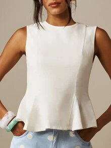 MISSGUIDED Top sin mangas con detalle de peplum, cuello redondo, cintura ajustada y bajo acampanado, elegante top de verano - Blanco - Ver 5