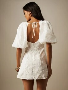 MISSGUIDED Eyelet Embroidered Mini Dress With Puff Sleeves Square Neck Open Back Tie Summer Party Dress - White - View 2