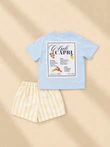 SUMWON Oversized Boys Club Capri Graphic Tee And Striped Shorts Co-Ord Set Summer Two-Piece Casual Outfit - Blue - View 1
