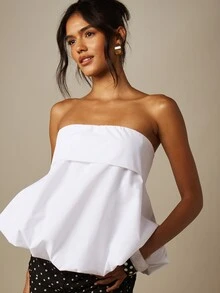 MISSGUIDED 無肩帶泡泡球形下擺平織挺身飄逸抹胸上衣 夏季派對上衣 - 白色 - 查看 4