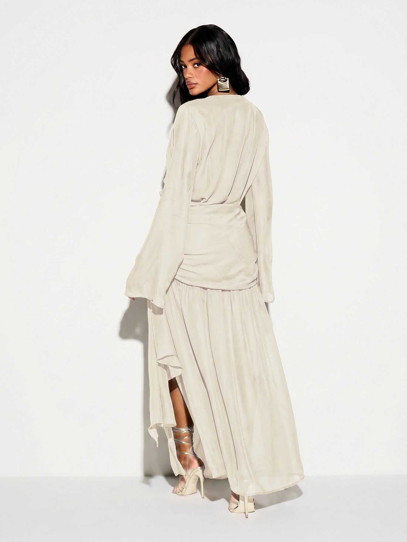 KIZN DRAPE FRONT WRAP FEATHER TRIM MAXI DRESS