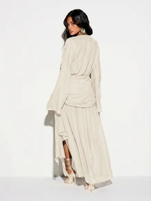 KIZN KIZN Wrap Front Drape Maxi Dress With Bell Sleeves Deep V-Neck Ruched Waist High Slit Elegant Evening Party Dress - Cream - View 2