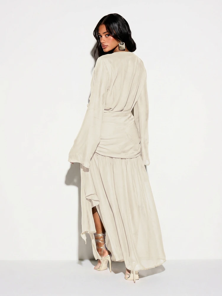 KIZN DRAPE FRONT WRAP FEATHER TRIM MAXI DRESS