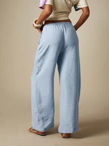MISSGUIDED Linen Feel Wide Leg Drawstring Trousers With Elastic Waist - Relaxed Fit Beach Summer Vacation Pants - Baby Blue - View 3