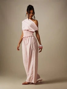 MISSGUIDED 条纹褶皱腰单肩上衣和阔腿抽绳裤套装 夏季两件套 - 彩色 - 查看 3