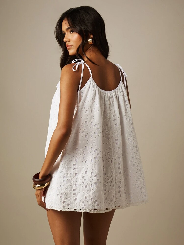 MISSGUIDED Broderie Anglaise Swing Mini Dress With Tie Shoulders