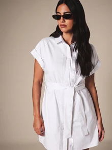 KSTM Minikleid mit Perlstickerei, plissiertem Hemdkragen, Puffärmeln, Gürtelschnürung und Knopfleiste, lässiges Sommerkleid für den Tag - Weiss - Übersicht 4