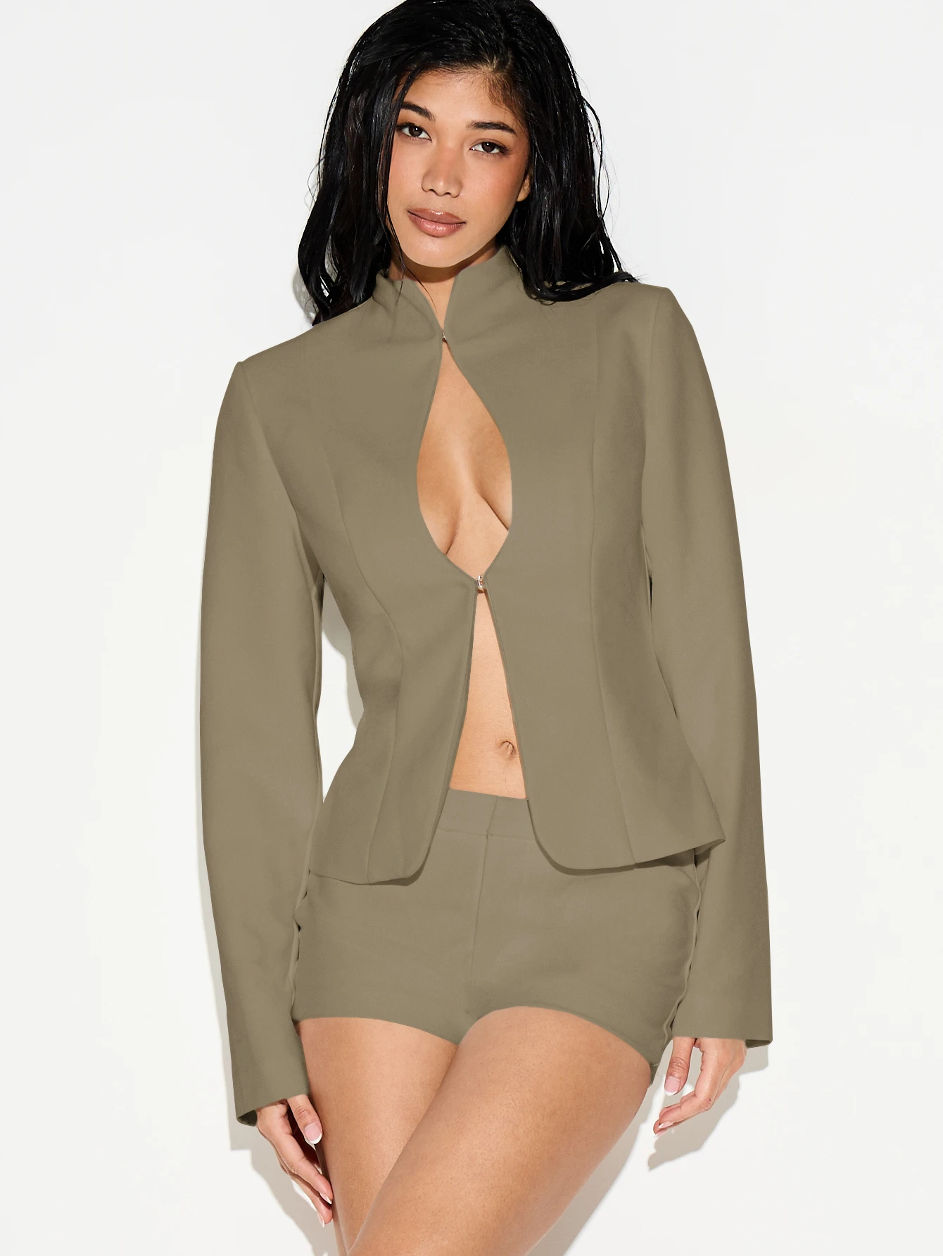 High Neck Blazer With Keyhole Cut-Out Front Detail