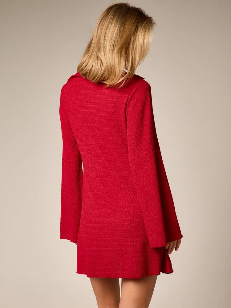 Textured Open Front Shirt Dress With Tie Detail