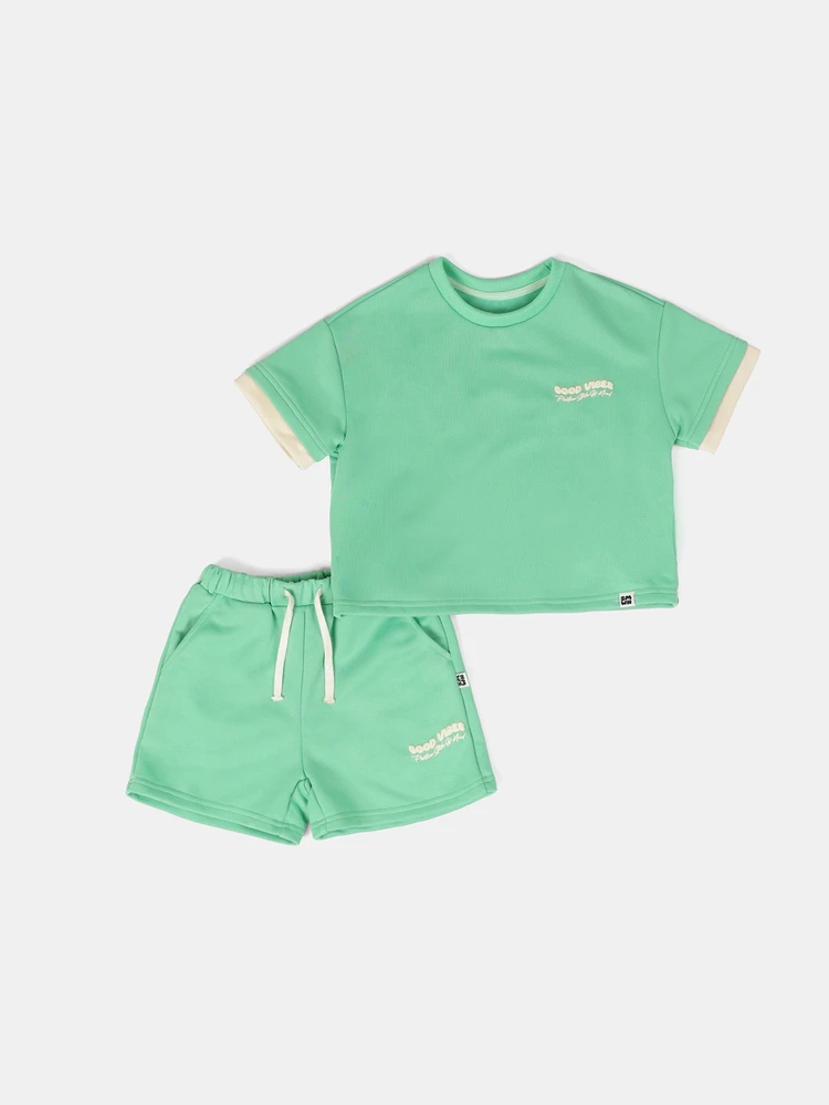 Boys Double Layer Crew Neck Short Sleeve Tee And Shorts Co-Ord Set With Good Vibes Slogan Print