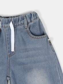 SUMWON Pantalones vaqueros para niños con cintura elástica y cordón, pierna ancha, dobladillo vuelto y puño, pantalones de mezclilla casuales para uso diario - Azul - Ver 4