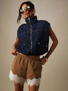 MISSGUIDED 牛仔泡泡下摆拉链马甲背心上衣，高领翻盖口袋，短款无袖夏季外套 - 藍色 - 查看 1