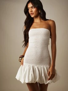 MISSGUIDED Strapless Shirred Bubble Hem Mini Dress Summer Party Vacation Bodycon Smocked Ruffle Skirt - White - View 4