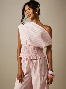 MISSGUIDED 条纹褶皱腰单肩上衣和阔腿抽绳裤套装 夏季两件套 - 彩色 - 查看 4