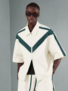 SUMWON Cut And Sew Zig Zag Stripe Boxy Zip-Up Shirt Co-Ord Set With Matching Shorts For Casual Summer Looks - Multicolor - View 3