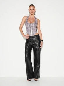 KIZN Crocodile Print Halter Corset Top With Front Zipper And Open Back Detail - Purple - View 3