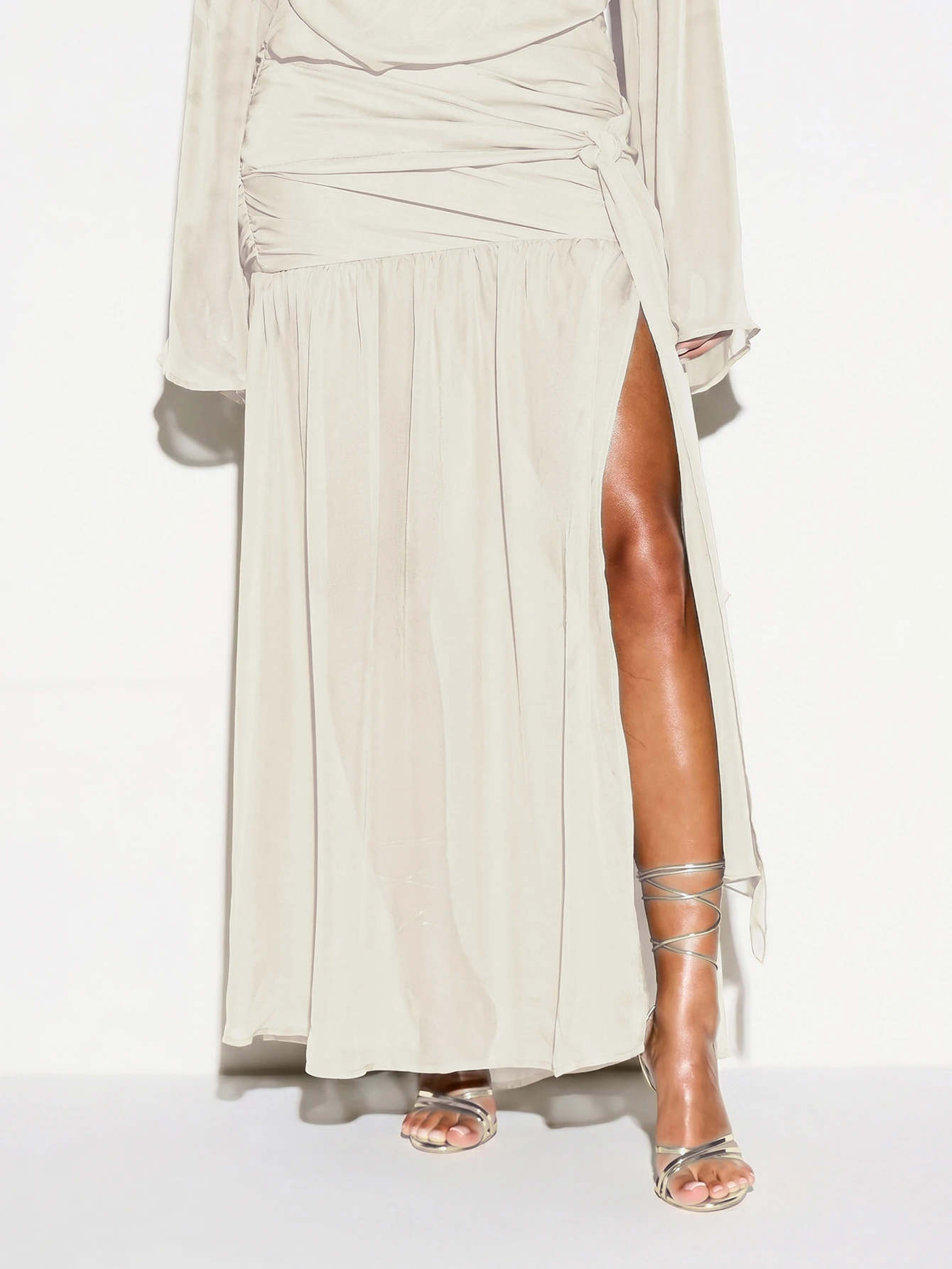 KIZN DRAPE FRONT WRAP FEATHER TRIM MAXI DRESS