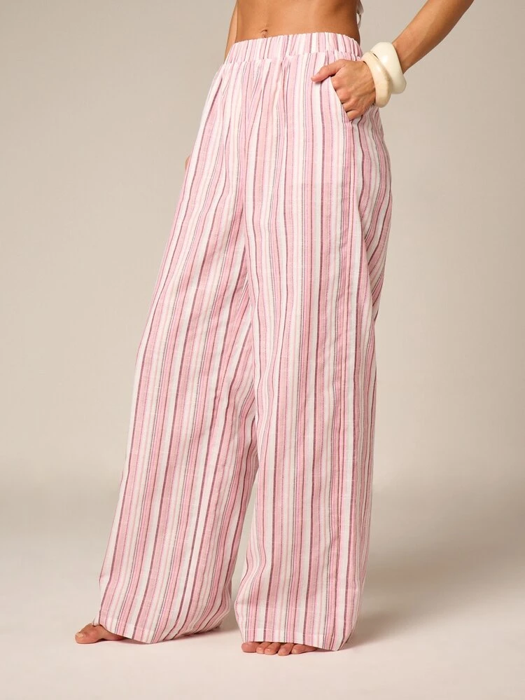 Striped Wide Leg Pants With Elastic Waist