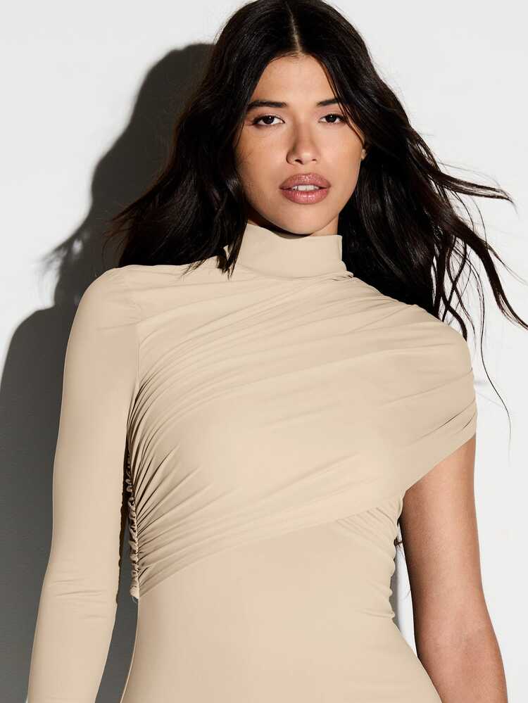 Mock Neck One Shoulder Ruched Bodycon Mini Dress