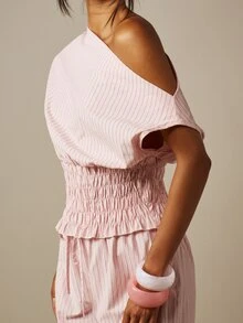 MISSGUIDED 条纹褶皱腰单肩上衣和阔腿抽绳裤套装 夏季两件套 - 彩色 - 查看 5