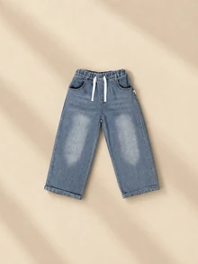SUMWON Pantalones vaqueros para niños con cintura elástica y cordón, pierna ancha, dobladillo vuelto y puño, pantalones de mezclilla casuales para uso diario - Azul - Ver 1