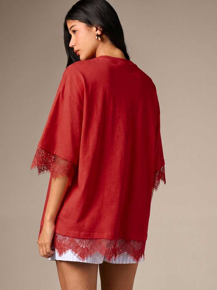 Oversized Lace Trim T-Shirt Round Neck Half Sleeve Relaxed Fit Casual Top Spring Summer