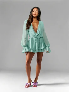 MISSGUIDED Chiffon Cowl Drape Mini Dress With Ruffle Tiered Skirt Deep V-Neck Long Bishop Sleeves Open Back Summer Party - Baby Blue - View 3